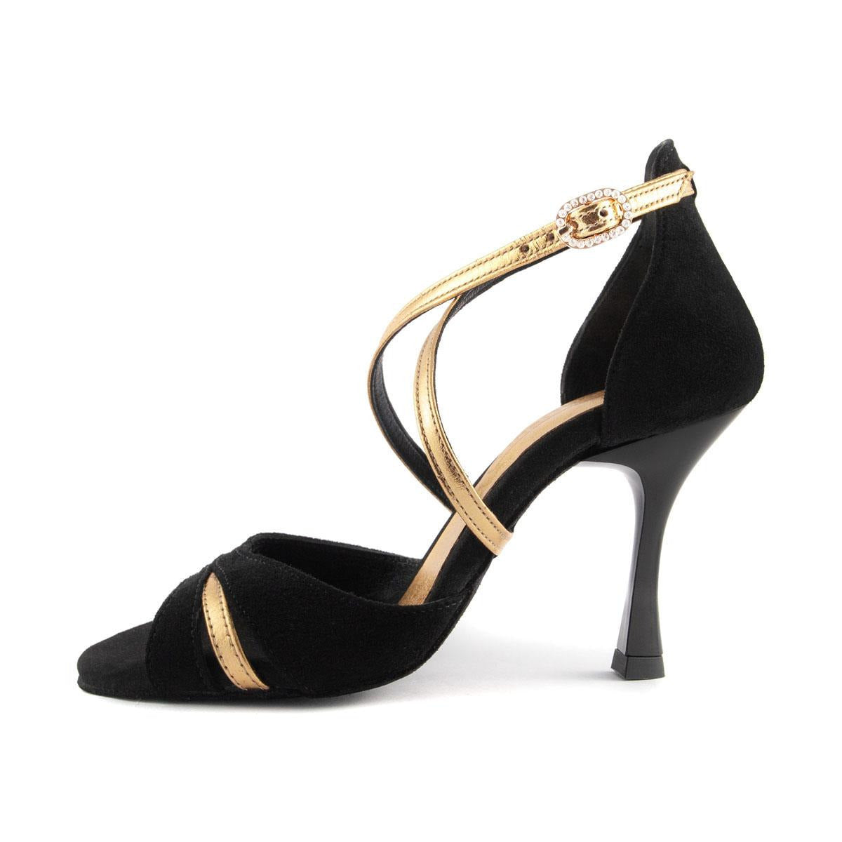 PortDance Damen Tanzschuhe PD816 - Obermaterial: Nubuck/Leder Schwarz/Gold - Absatz: 7 cm Flare (klein) - Größe: 40 EU