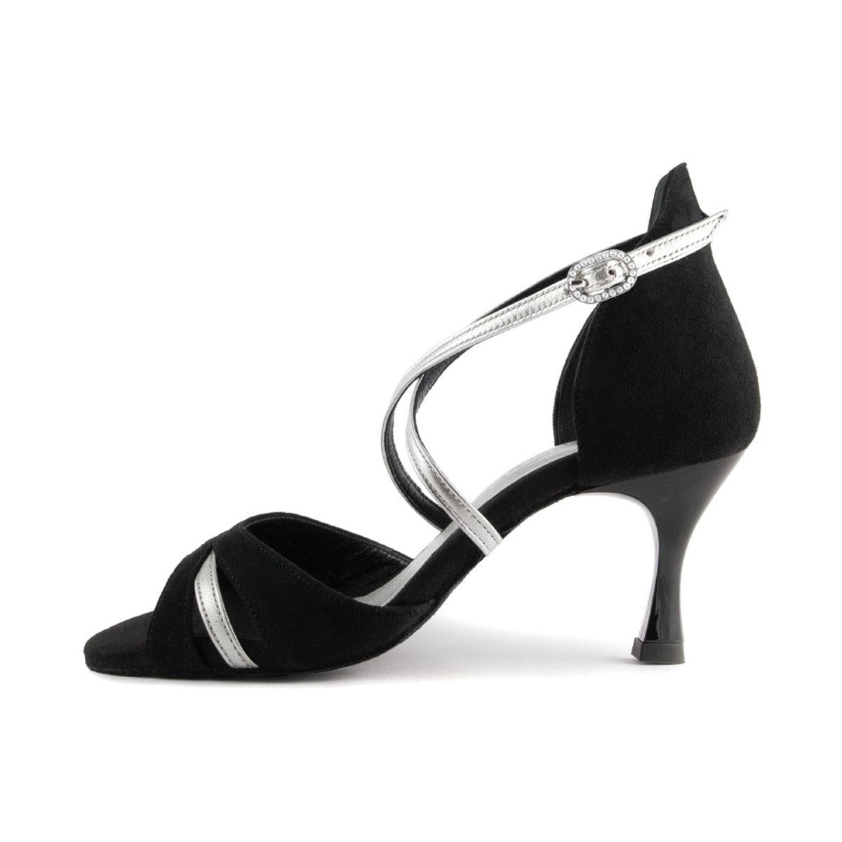 PortDance Damen Tanzschuhe PD816 - Obermaterial: Nubuck/Leder Schwarz/Silber - Absatz: 6 cm Flare (klein) - Größe: 37 EU