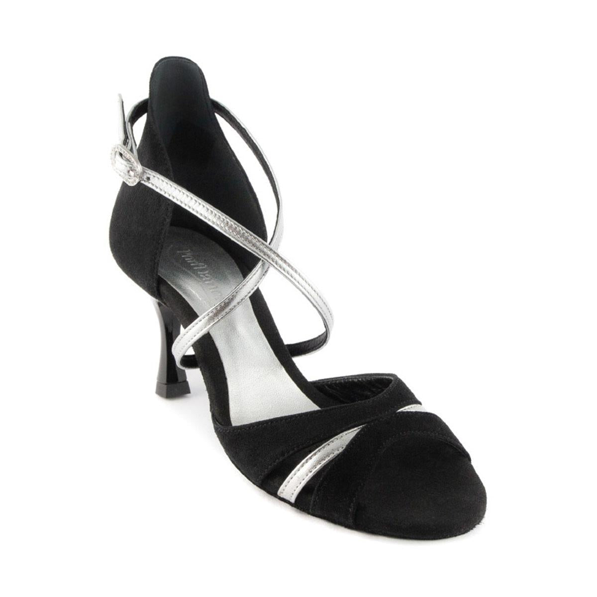 PortDance Damen Tanzschuhe PD816 - Obermaterial: Nubuck/Leder Schwarz/Silber - Absatz: 6 cm Flare (klein) - Größe: 41 EU