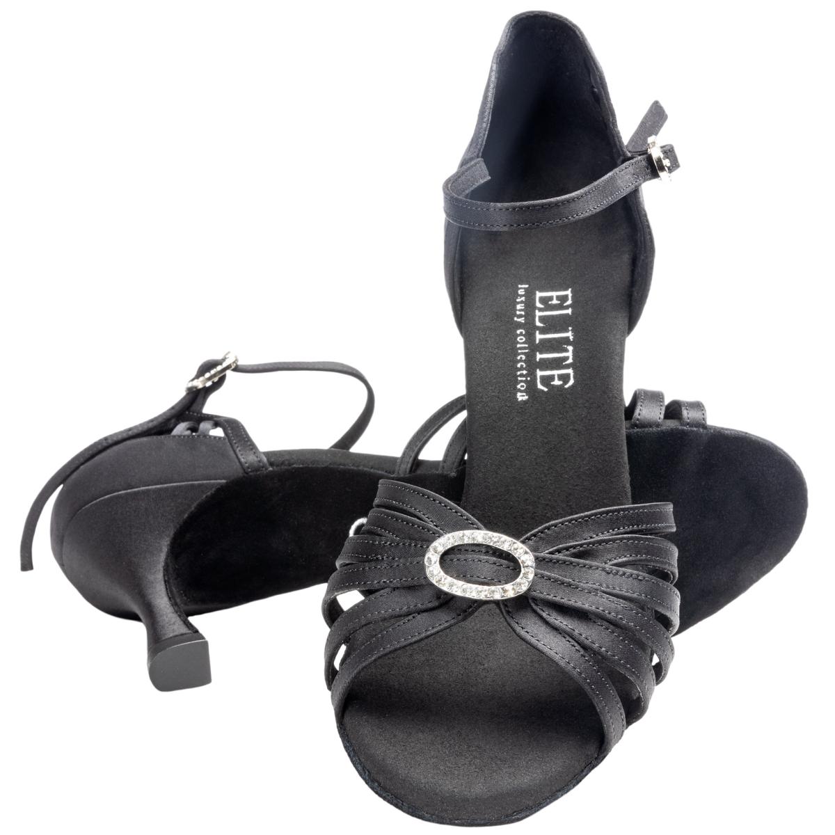 Rummos Damen Latein Tanzschuhe Elite Karina 041 mit Strass-Spange - Material: Satin - Farbe: Schwarz - Weite: Medium (Normal) - Absatz: 60R Flare - Größe: EUR 36