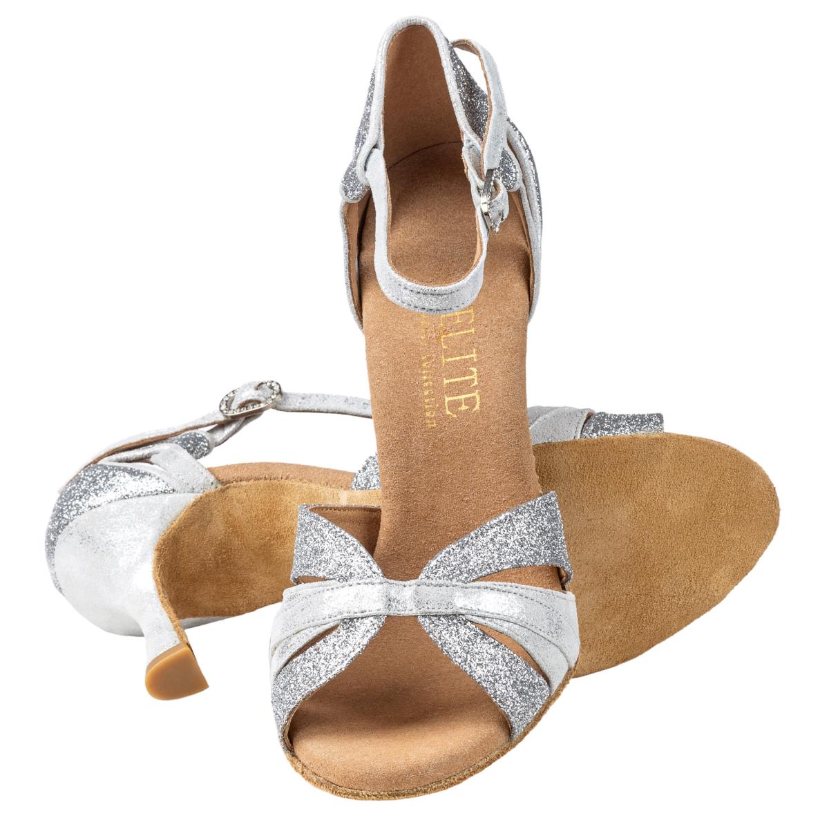 Rummos Damen Latein Tanzschuhe Elite Aura 139/169 - M: Leder/Glitzer - C: Silber - W: Medium (Normal) - H: 70R Flare - Si: EUR 37