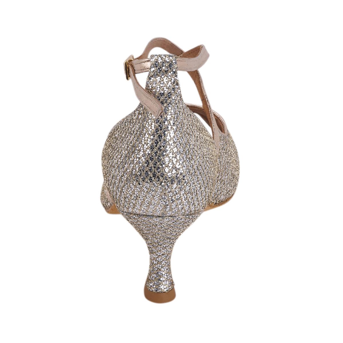 Rummos Damen Tanzschuhe R545 GT8-147 - Obermaterial: Leder/GlitterLux - Farbe: Platin - Weite: Normal - Absatz: 50R Flare - Größe: EUR 38,5