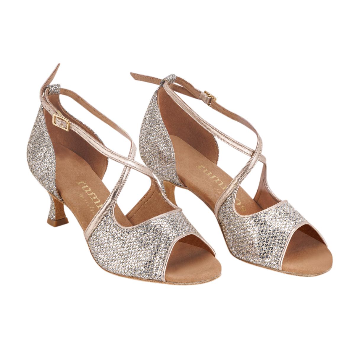 Rummos Damen Tanzschuhe R545 GT8-147 - Obermaterial: Leder/GlitterLux - Farbe: Platin - Weite: Normal - Absatz: 50R Flare - Größe: EUR 38