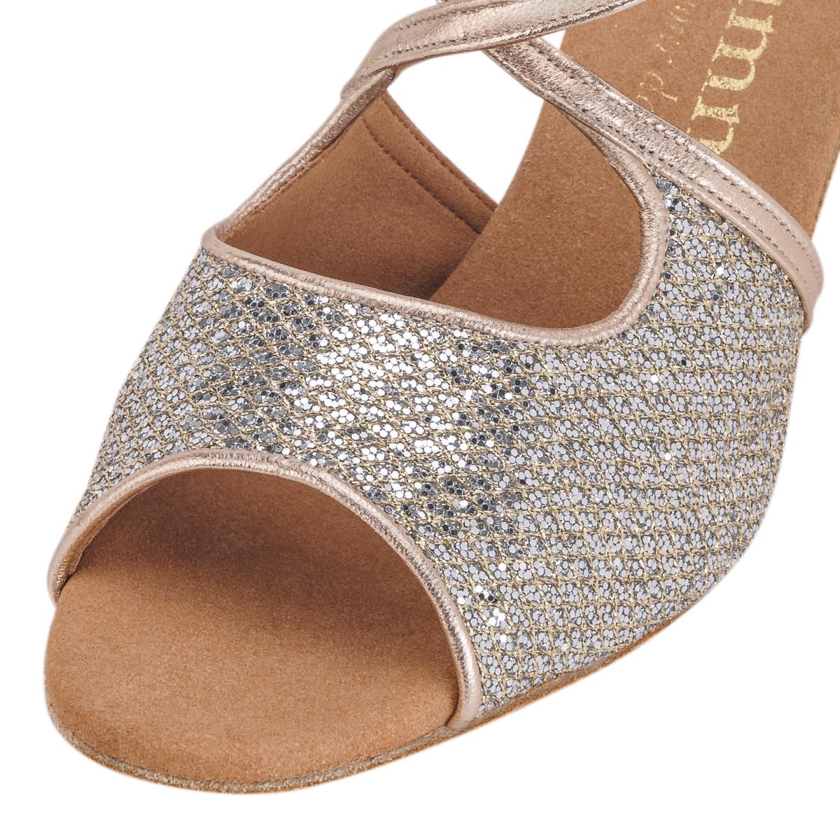 Rummos Damen Tanzschuhe R545 GT8-147 - Obermaterial: Leder/GlitterLux - Farbe: Platin - Weite: Normal - Absatz: 50R Flare - Größe: EUR 34