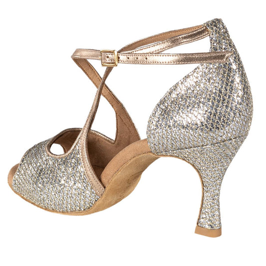 Rummos Damen Tanzschuhe R545 GT8-147 - Material: Leder/GlitterLux - Farbe: Platin - Weite: Normal - Absatz: 60R Flare - Größe: EUR 42