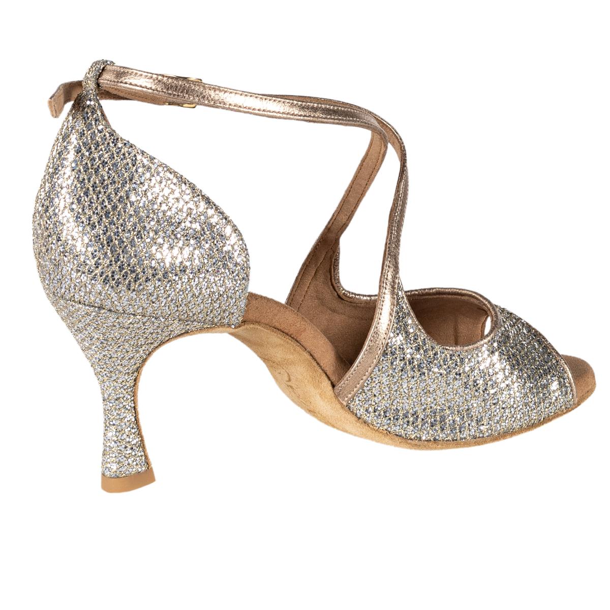 Rummos Damen Tanzschuhe R545 GT8-147 - Material: Leder/GlitterLux - Farbe: Platin - Weite: Normal - Absatz: 60R Flare - Größe: EUR 34