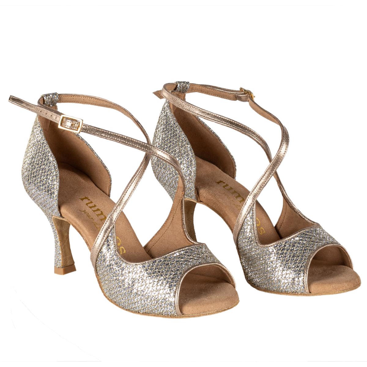 Rummos Damen Tanzschuhe R545 GT8-147 - Material: Leder/GlitterLux - Farbe: Platin - Weite: Normal - Absatz: 60R Flare - Größe: EUR 34