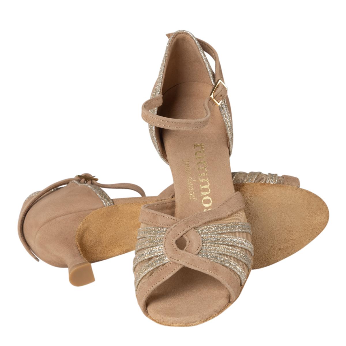 Rummos Damen Tanzschuhe R563 027-132 - Material: Nubuck/Glitzer - Farbe: LigBrown - Weite: Normal - Absatz: 50R Flare - Größe: EUR 38,5