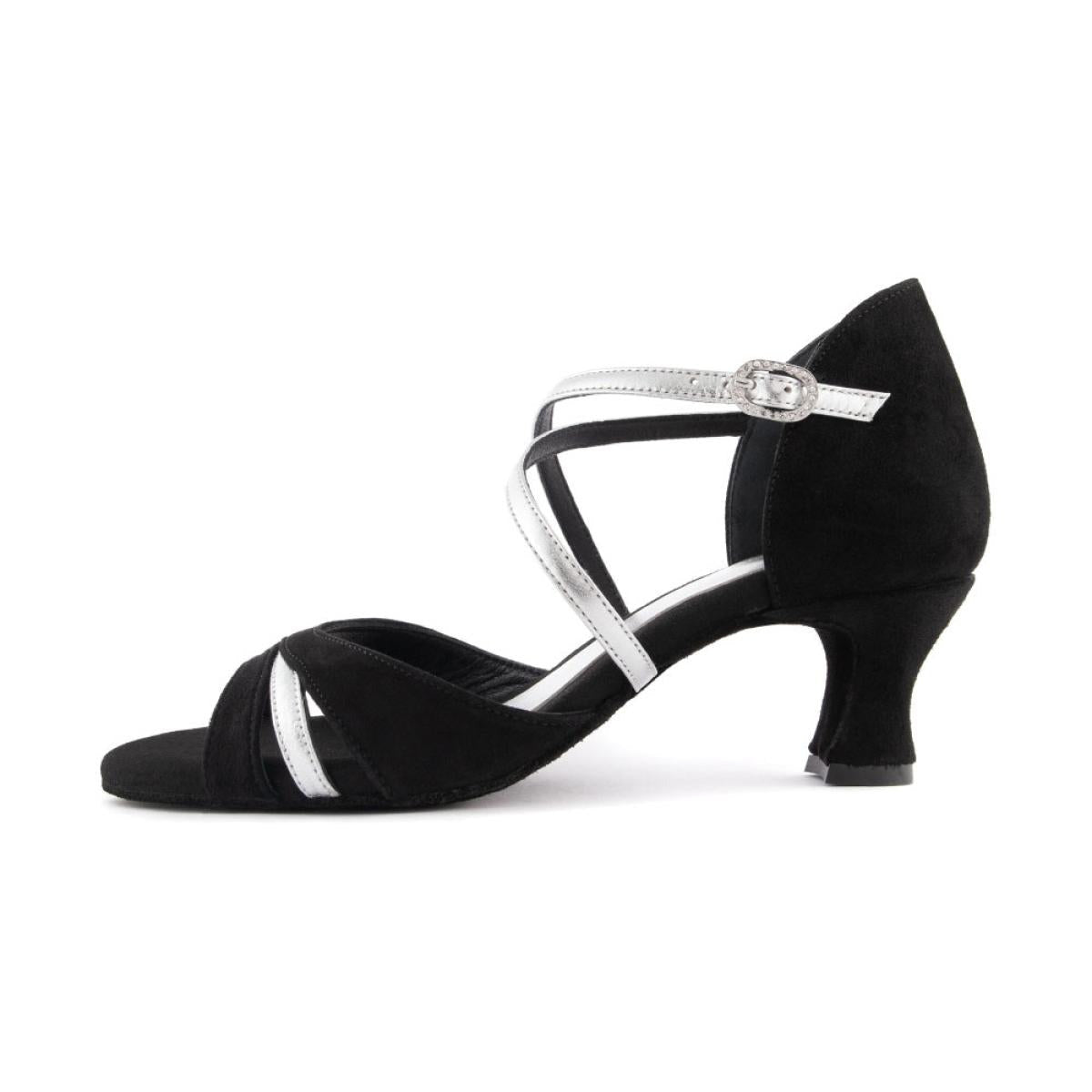 PortDance Damen Tanzschuhe PD816 - Obermaterial: Nubuck/Leder Schwarz/Silber - Absatz: 4,5 cm Spanish - Größe: 38 EU