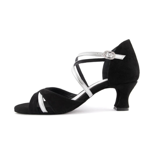 PortDance Damen Tanzschuhe PD816 - Obermaterial: Nubuck/Leder Schwarz/Silber - Absatz: 4,5 cm Spanish - Größe: 38 EU