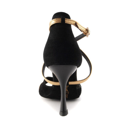 PortDance Damen Tanzschuhe PD816 - Obermaterial: Nubuck/Leder Schwarz/Gold - Absatz: 7 cm Flare (klein) - Größe: 41 EU