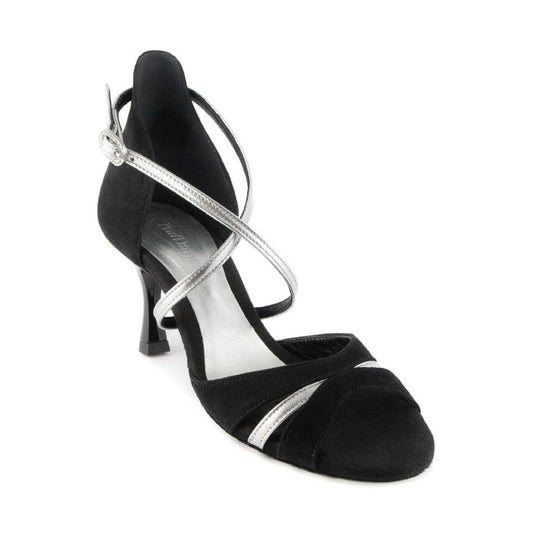 PortDance Damen Tanzschuhe PD816 - Obermaterial: Nubuck/Leder Schwarz/Silber - Absatz: 6 cm Flare (klein) - Größe: 41 EU