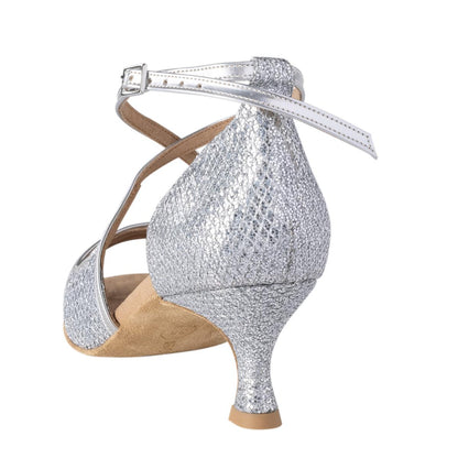 Rummos Damen Tanzschuhe R545 GT9-009 - Material: Leder/GlitterLux - Farbe: Silber - Weite: Normal - Absatz: 50R Flare - Größe: EUR 41