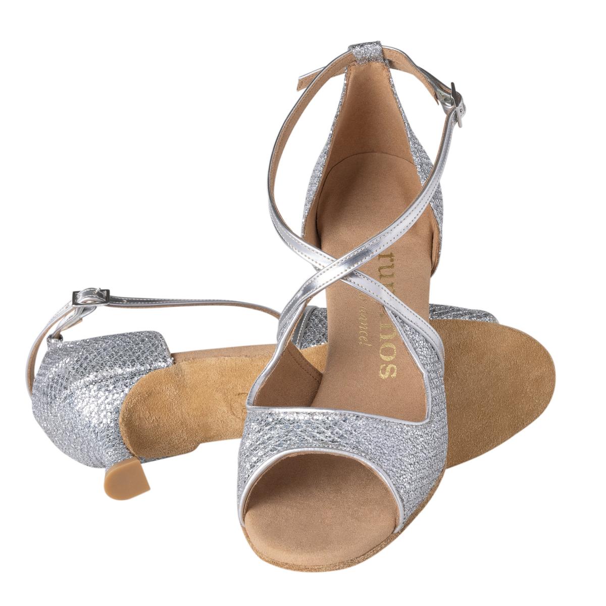 Rummos Damen Tanzschuhe R545 GT9-009 - Material: Leder/GlitterLux - Farbe: Silber - Weite: Normal - Absatz: 50R Flare - Größe: EUR 34,5