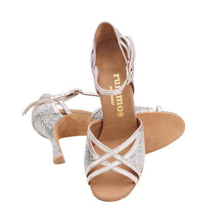 Rummos Damen Tanzschuhe Claire GT8-147 - Obermaterial: GlitterLux/Leder - Farbe: Platin - Weite: Normal - Absatz: 70R Flare - Größe: EUR 33,5