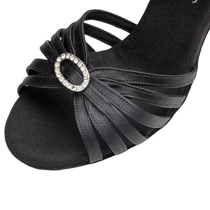 Rummos Damen Latein Tanzschuhe Elite Karina 041 mit Strass-Spange - Material: Satin - Farbe: Schwarz - Weite: Medium (Normal) - Absatz: 60R Flare - Größe: EUR 35.5