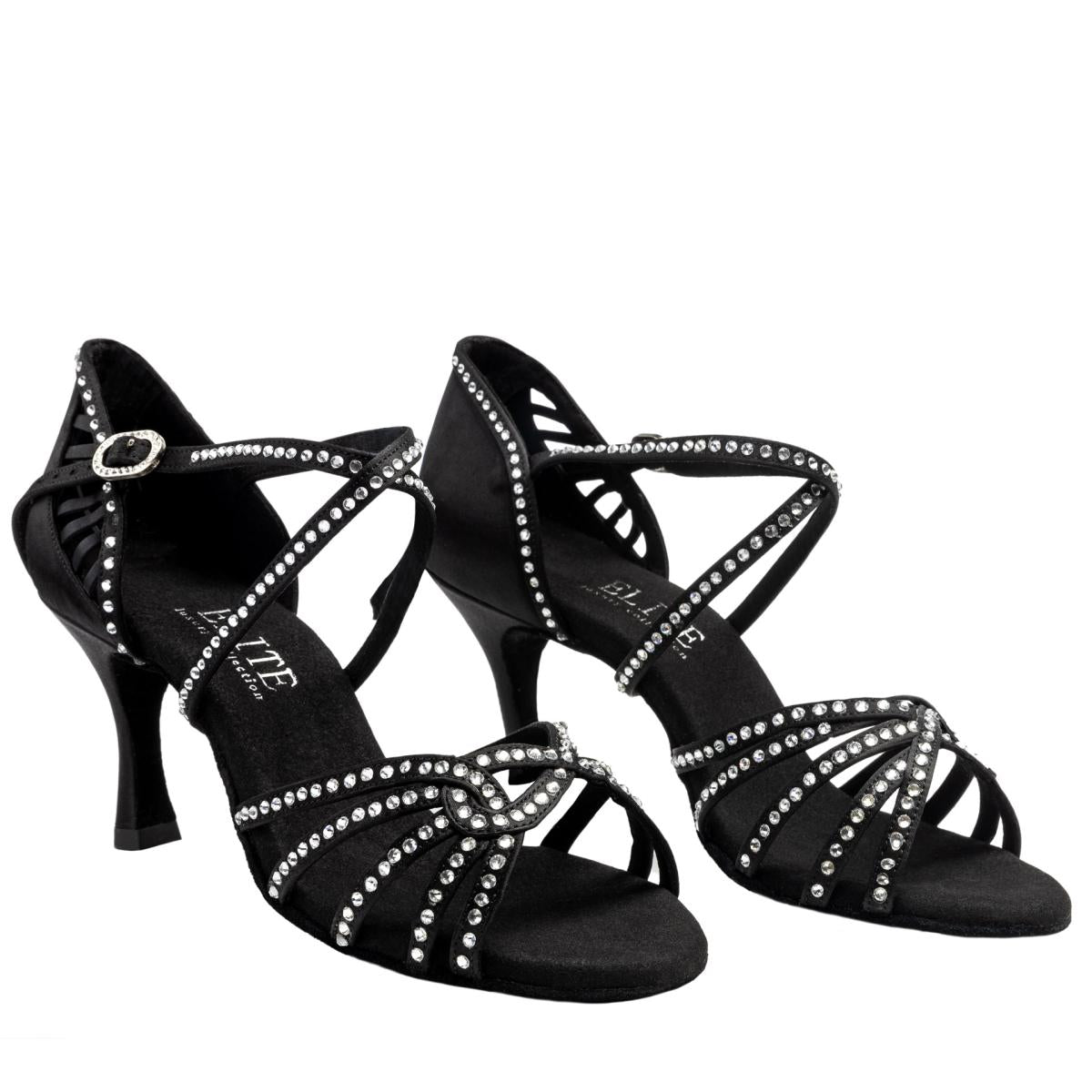 Rummos Damen Latein Tanzschuhe Elite Eris 041S mit Strass - M: Satin - C: Schwarz - W: Medium (Normal) - H: 60R Flare - Si: EUR 35,5