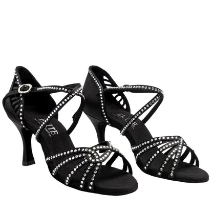 Rummos Damen Latein Tanzschuhe Elite Eris 041S mit Strass - M: Satin - C: Schwarz - W: Medium (Normal) - H: 60R Flare - Si: EUR 35,5