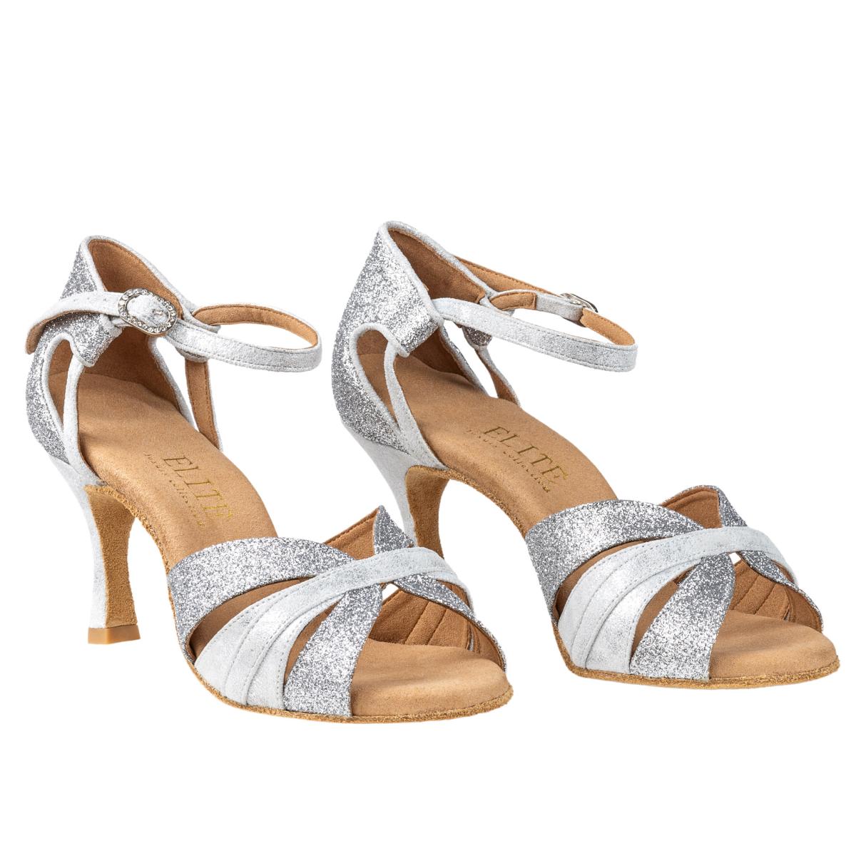 Rummos Damen Latein Tanzschuhe Elite Aura 139/169 - M: Leder/Glitzer - C: Silber - W: Medium (Normal) - H: 60R Flare - Si: EUR 36
