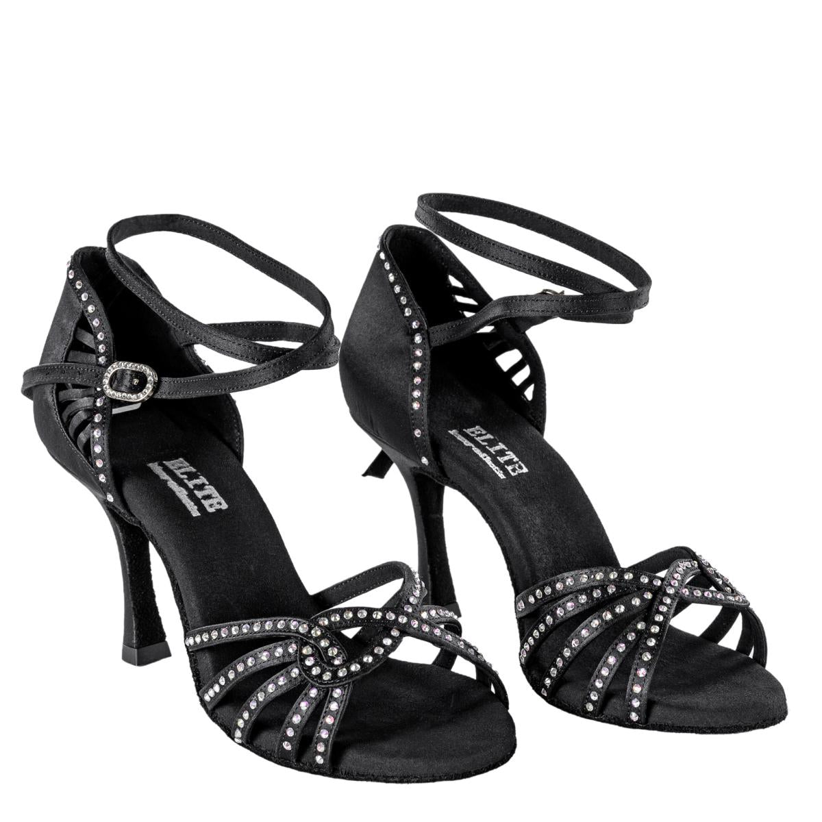 Rummos Damen Tanzschuhe Elite Eris 041S - Material: Satin mit Strass - Farbe: Schwarz - Weite: Normal - Absatz: 70R Flare - Größe: EUR 38,5