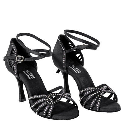 Rummos Damen Tanzschuhe Elite Eris 041S - Material: Satin mit Strass - Farbe: Schwarz - Weite: Normal - Absatz: 70R Flare - Größe: EUR 38,5