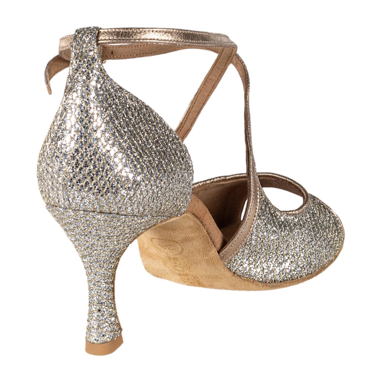 Rummos Damen Tanzschuhe R545 GT8-147 - Material: Leder/GlitterLux - Farbe: Platin - Weite: Normal - Absatz: 60R Flare - Größe: EUR 38,5