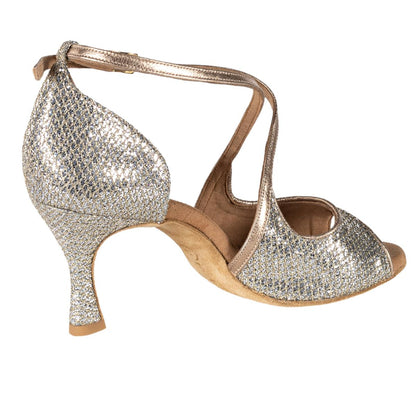 Rummos Damen Tanzschuhe R545 GT8-147 - Material: Leder/GlitterLux - Farbe: Platin - Weite: Normal - Absatz: 60R Flare - Größe: EUR 33