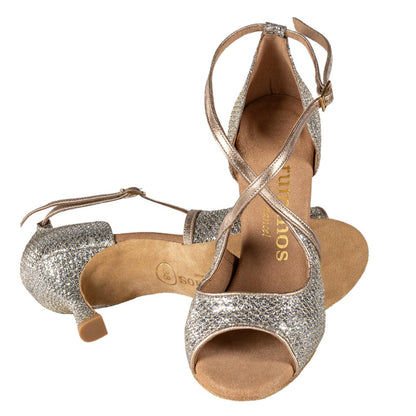 Rummos Damen Tanzschuhe R545 GT8-147 - Material: Leder/GlitterLux - Farbe: Platin - Weite: Normal - Absatz: 60R Flare - Größe: EUR 39