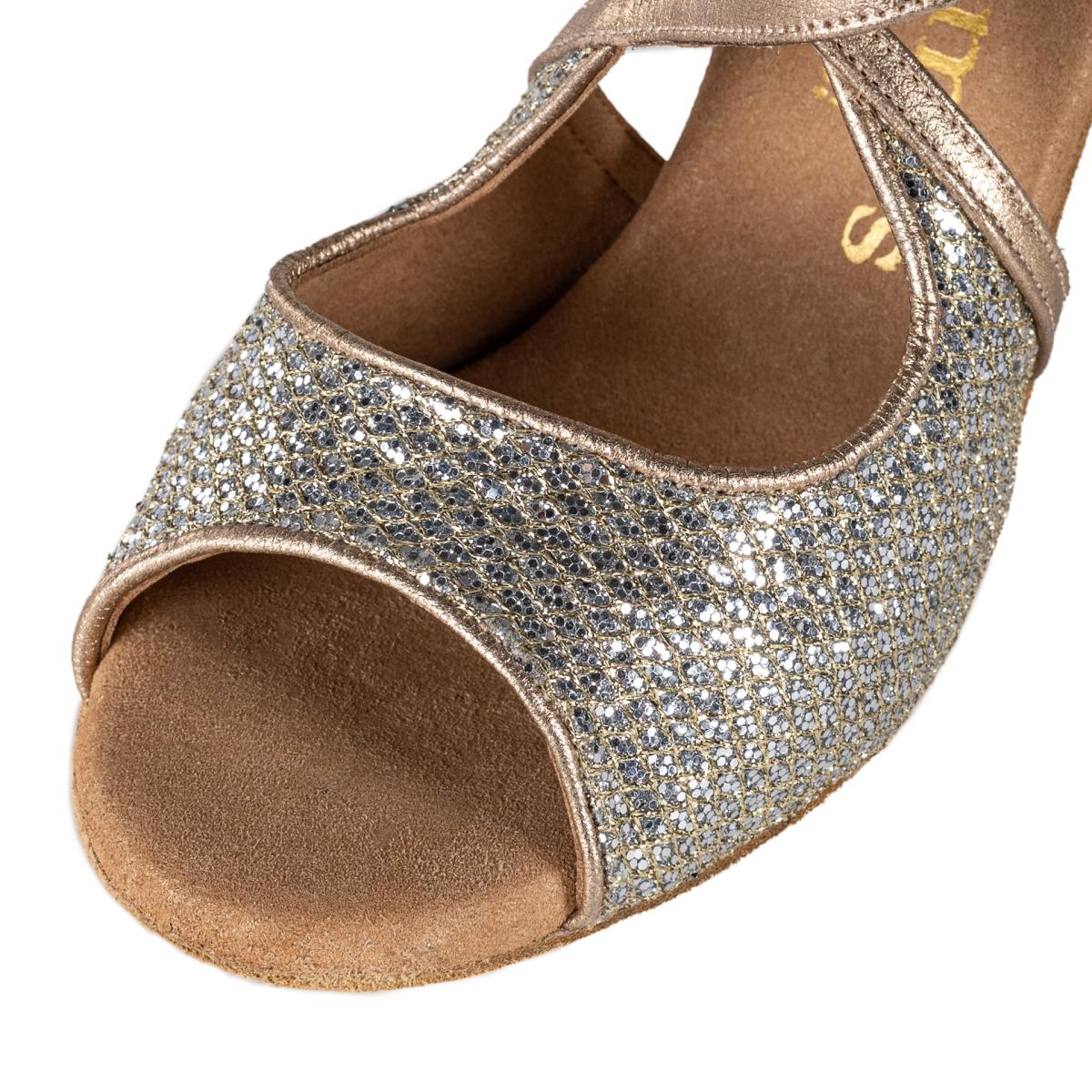 Rummos Damen Tanzschuhe R545 GT8-147 - Material: Leder/GlitterLux - Farbe: Platin - Weite: Normal - Absatz: 60R Flare - Größe: EUR 36